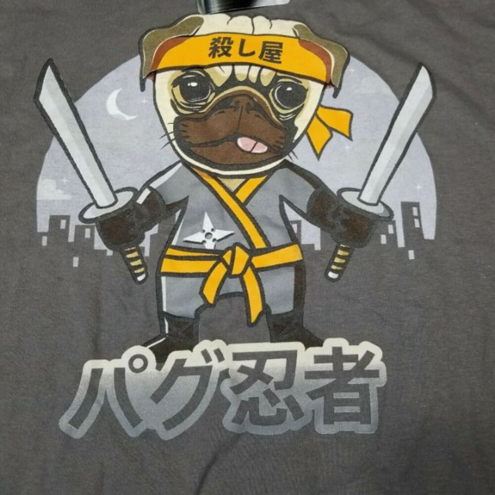 Ninja Samurai Pug Dog T Shirt ThinkGeek Mens Gray Japan Letters XL
